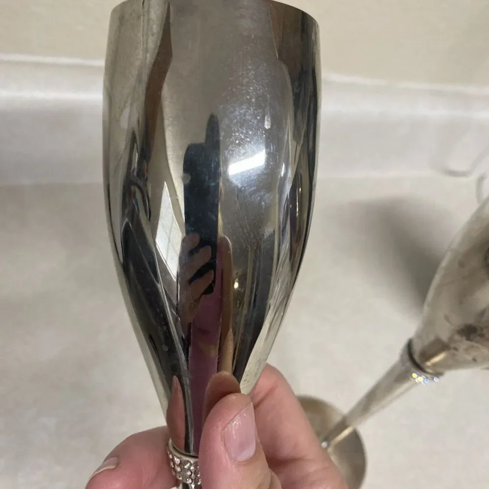 Things Remembered Silver Plated Swarovski Crystal Champagne Toasting Flutes Set